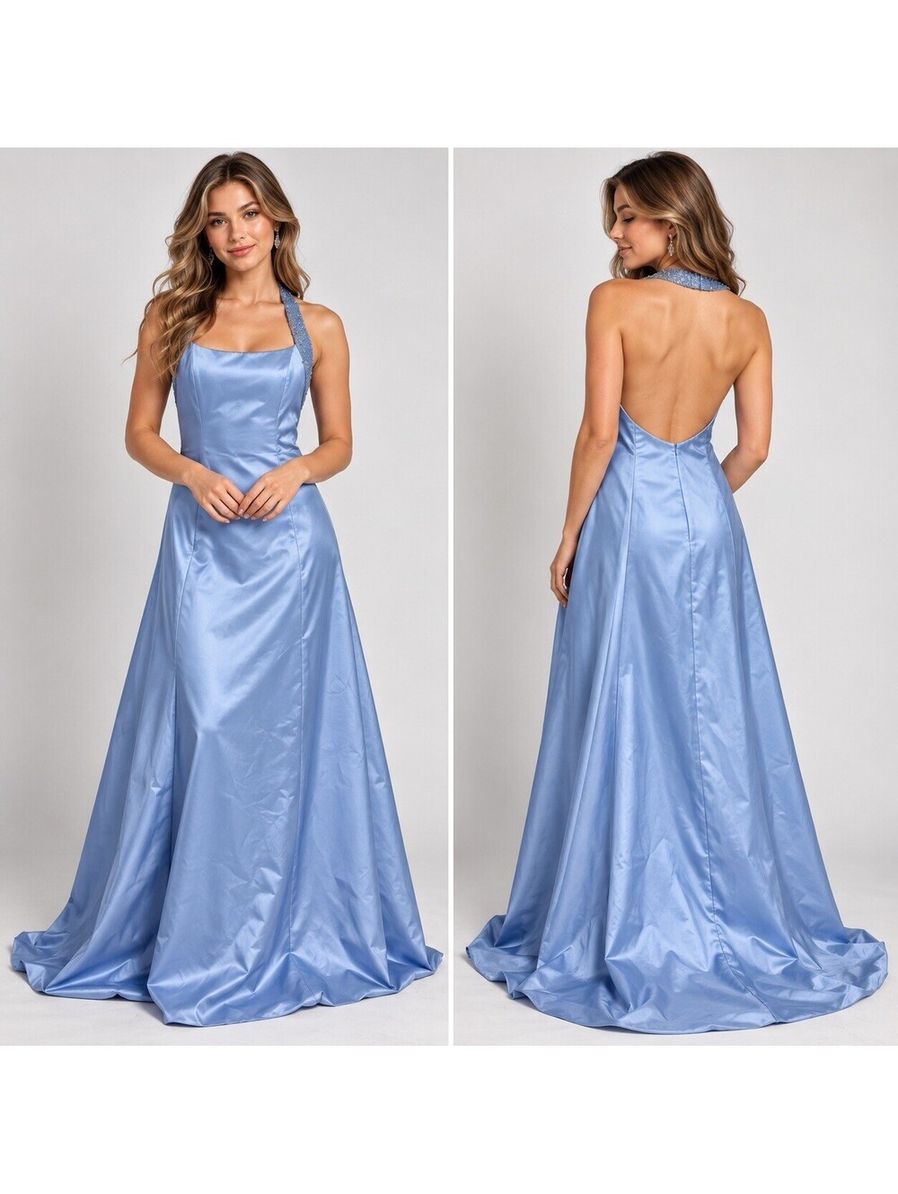 Vintage Delaru by Shem Blue Satin Beaded Maxi Gown Formal Prom Y2K Evening 14W